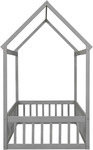 Vista 8 de Cama de casa individual para niños con barandillas de valla, marco de cama Montessori de madera tamaño individual con puerta pequeña para niños