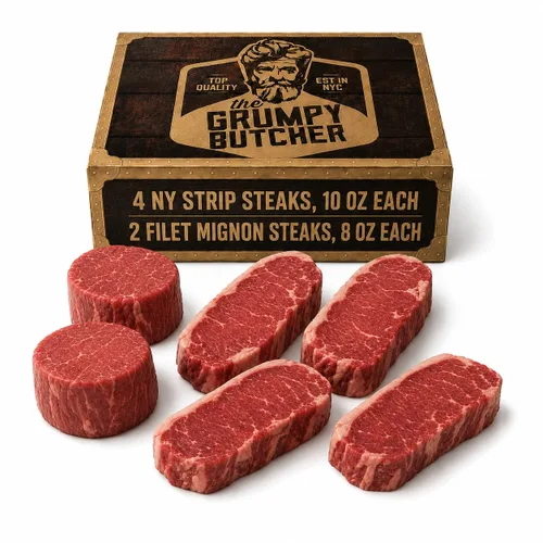 Vista 9 de Caja de regalo de 4 filetes Grumpy Butcher – 2 filetes de entrecot (12 oz) y 2 filetes de solomillo superior (6 oz) – Sampler de carne Angus