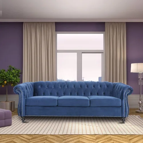 Vista 7 de ONCIN Sofá Chesterfield de terciopelo, moderno sofá de 3 plazas copetudo de 84 pulgadas con brazos de desplazamiento y patas de madera para sala