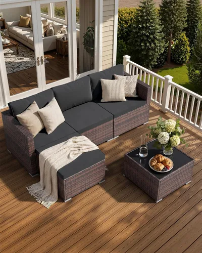 Vista 9 de Skyfish Juego de muebles de patio, reposabrazos anchos, sofá modular de mimbre para todo tipo de clima, 5 piezas para exteriores con diván, juego