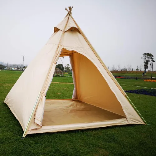 Vista 2 de Tienda de campaña en forma de pirámide impermeable de lona de algodón 100% para exteriores (beige, 7.1 ft)