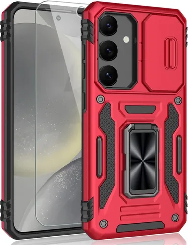 Vista 9 de Funda para Samsung Galaxy S24, a prueba de golpes, con cubierta deslizante para cámara y soporte de anillo giratorio + protector de pantalla