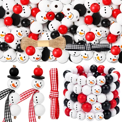 Vista 13 de Yulejo 180 Pcs Christmas Snowman Wooden Plaid Bead Winter Xmas, Blue