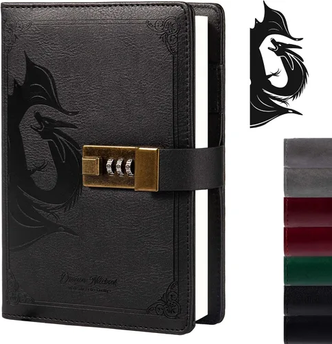Vista 20 de TIEFOSSI Diario de Cuero Dragón, Cuaderno de Tapa Dura, Diario Recargable con Cerradura, Cuadernos de Escritura con Papel Rayado/En Blanco