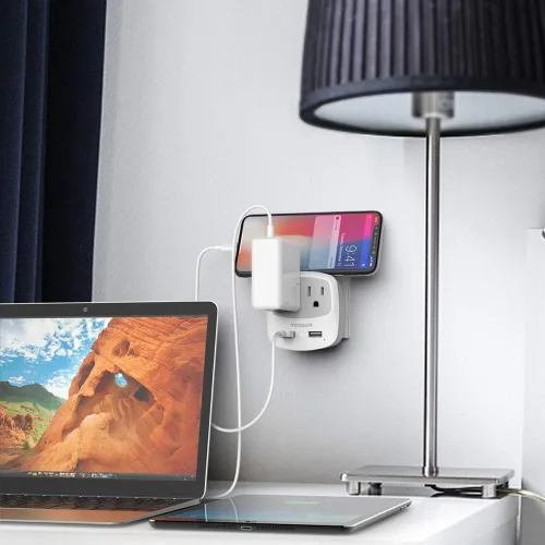 Vista 5 de TESSAN Convertidor de adaptador de enchufe europeo de viaje International Power Plug Converter, 2 USB Ports, Type C Outlet, US to Most of Europe