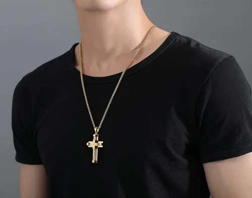 Vista 6 de Vividstill Collar de cruz para hombre, colgante de cruz de acero inoxidable con cadena de 24 pulgadas, gran regalo de cruz cristiana para hombres