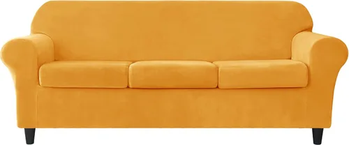 Vista 32 de CONRUSER Funda elástica para sofá, funda de terciopelo suave para sofá de un solo asiento con funda de cojín, protector de muebles (beige, talla S)