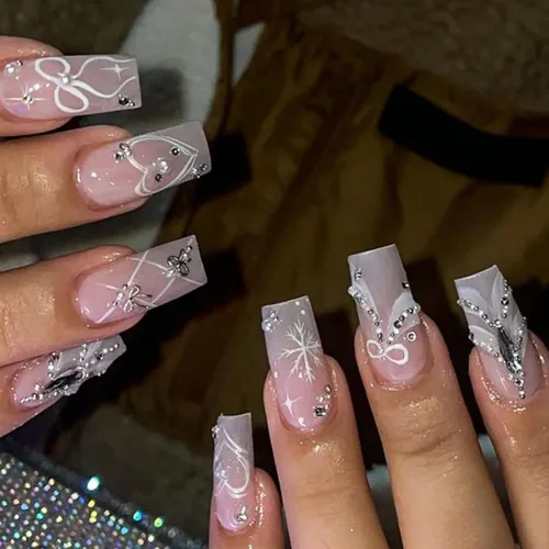 Vista 23 de Uñas postizas a presión con punta francesa cuadrada larga con arco 3D, diseños de línea de copo de nieve, uñas de invierno, uñas a presión