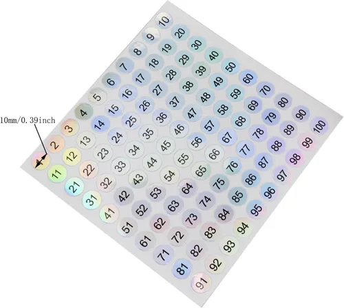 Vista 3 de 1 a 100 calcomanías reflectantes láser pequeñas redondas con números consecutivos, autoadhesivas, para almacenamiento de inventario, etiquetas