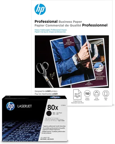 Vista 3 de HP Tóner negro de alto rendimiento 80X + papel de folleto HP mate, láser, 8.5 x 11, 150 hojas, mejorado