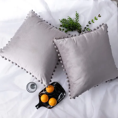 Vista 15 de Juego de 2 fundas para cojines decorativos de terciopelo sólido suave con borde de pompones