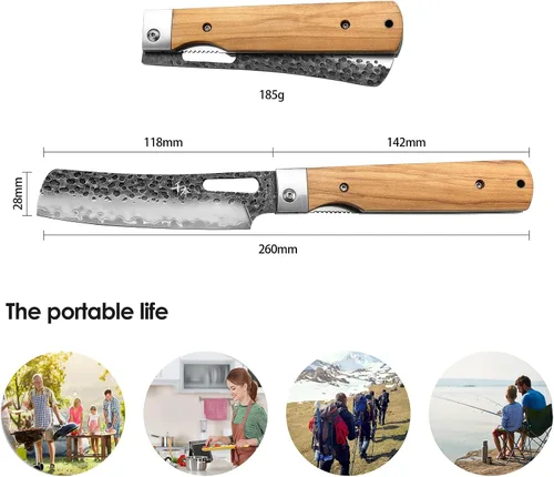 Vista 2 de SENBON Cuchillo de chef plegable de bolsillo súper afilado 440A forjado, cuchillo práctico, cuchillo de fruta, mango de oliva natural, para acampar