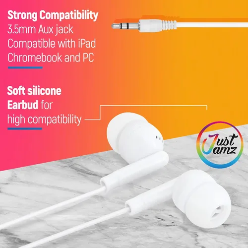 Vista 6 de JustJamz Paquete de 200 auriculares a granel para el aula, incluye 100 auriculares multicolor y 100 blancos con cable con conector de 0.138 in