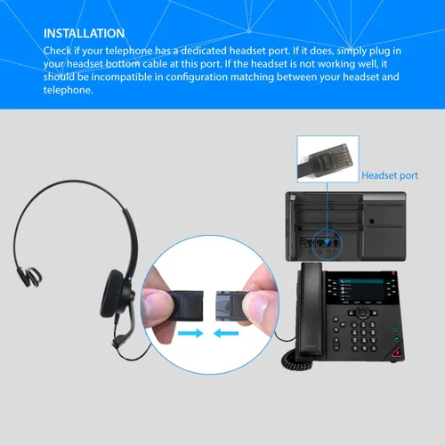 Vista 7 de IPD IPH-160 Auriculares para teléfono con micrófono con cancelación de ruido para oficina y centro de llamadas. Compatible con todos los teléfonos