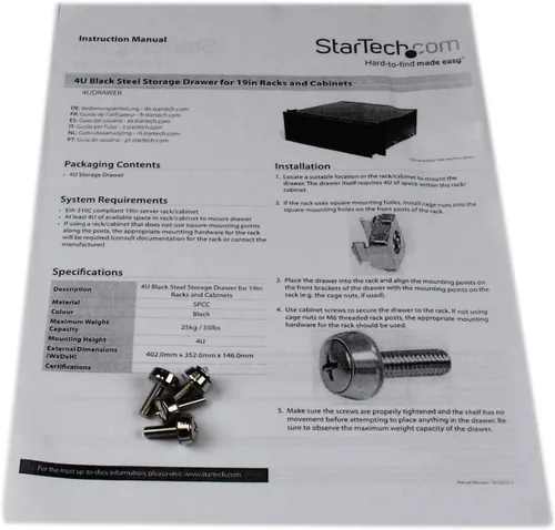 Vista 4 de StarTech.com Cajón de montaje en rack de 4U 55 libras (55.1 lbs) Cajón de acero 4U para rack o gabinete de equipo de red AV Sever de 19 pulgadas