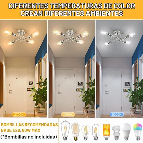 Vista 3 de SunRider Luminaria de Techo Industrial de 4 Luces Semi Empotrada, Níquel Cepillado, Candelabro Colgante Sputnik Plateado Estilo Granja para Sala
