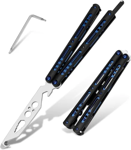 Vista 20 de Dispatch Cuchillo mariposa de entrenamiento Balisong sin afilar con hoja de acero inoxidable, mango 3Cr13 negro (con recortes) y traba