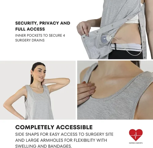 Vista 19 de Inspired Comforts Camiseta sin mangas de recuperación de mastectomía poscirugía con bolsillo de drenaje y acceso a presión
