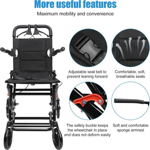 Vista 3 de Sillas de ruedas para adultos, silla de ruedas de transporte ligera plegable, silla de ruedas portátil ligera plegable para personas mayores