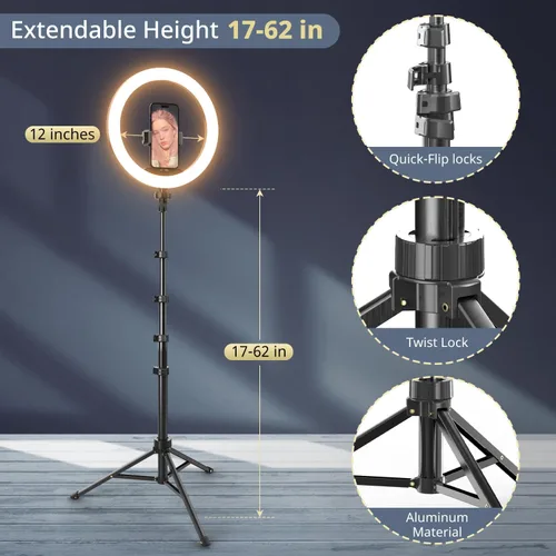 Vista 3 de UBeesize - Anillo de luz para selfies de 12" con soporte de trípode extensible de 62" y control remoto, luz LED circular con soporte para teléfono