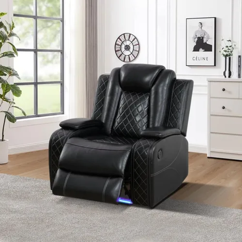 Vista 8 de Silla reclinable eléctrica, sofá biplaza, sofá para sala de estar, cómodo asiento de cuero transpirable para cine en casa con puertos de carga USB
