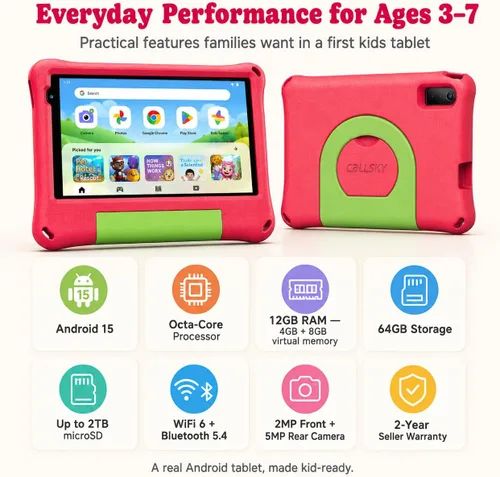 Vista 7 de Tableta para niños de 8 pulgadas, Android 15, Octa-Core 12 GB de RAM + 64 GB de ROM, tableta para niños pequeños con WiFi 6, control parental Rojo