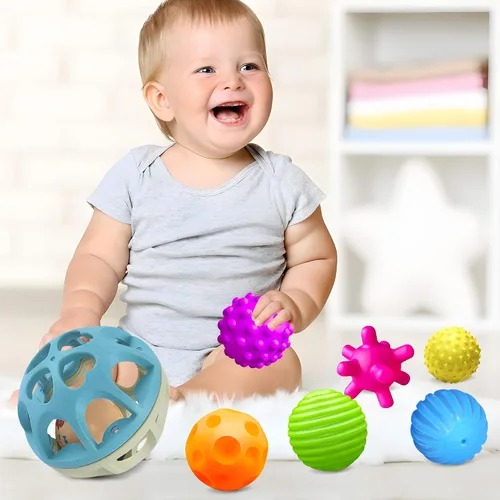 Vista 9 de Montessori - Juego sensorial para bebés y niños pequeños, paquete de 6 bolas texturizadas suaves y sonajero de paja de trigo, juguetes educativos