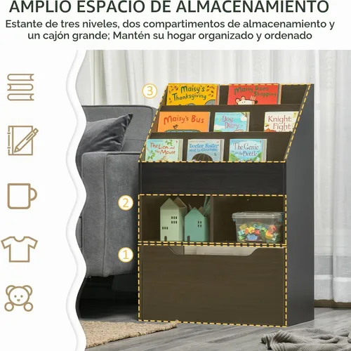 Vista 4 de HOMCOM Estantería para niños, organizador de estantes múltiples con cajón Marrón