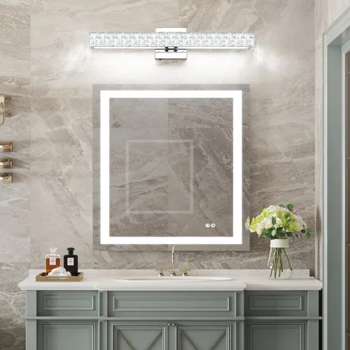Vista 3 de SOLFART Lámpara de baño, accesorios de iluminación de tocador de cristal, luces LED modernas sobre espejo, lámpara de baño de 60 cm, cromada Luz