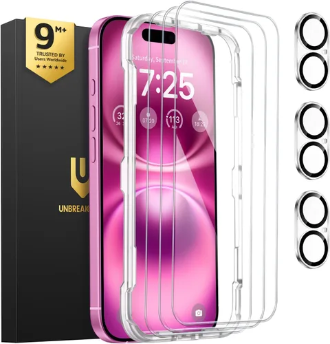 Vista 17 de UNBREAKcable Paquete de 3 protectores de pantalla para iPhone 15, 3 de vidrio templado + 3 protectores para lente de cámara, dureza 9H, claridad HD