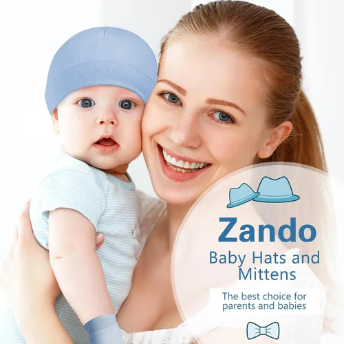 Vista 6 de Zando Gorros y manoplas unisex para bebés, gorro de hospital para recién nacidos, con guantes antiarañazos, conjunto para bebés y niños
