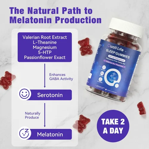 Vista 5 de Gomitas para dormir sin melatonina para adultos con magnesio, raíz de valeriana, 5-HTP y mezcla de hierbas, suplementos naturales para ayudar al