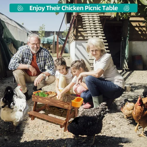 Vista 7 de Mesa de picnic de pollo, comedero de pollo sin desperdicios hecho a mano de madera carbonizada, kit grande de comedero de pollo para bricolaje