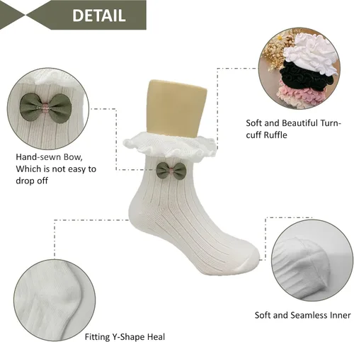 Vista 2 de Gwenvenni Girls Ruffle Bow Socks Big Little Kids Cotton Ankle Sock