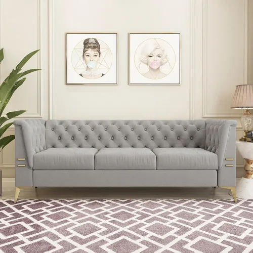 Vista 3 de Sofá de terciopelo de 82 pulgadas con patas de metal para sala de estar y dormitorio (gris claro)