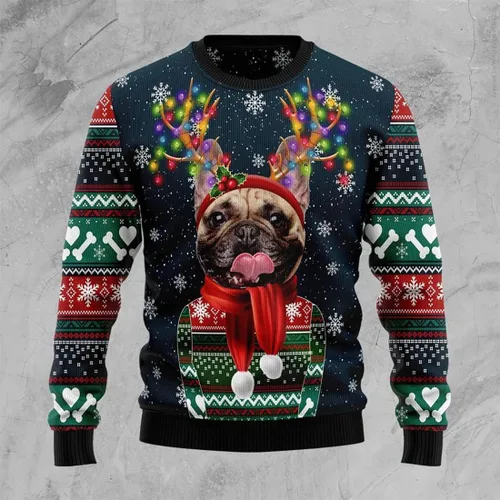 Vista 2 de Bulldog - Suéteres de Navidad para mujer suéter de invierno para vacaciones cuello redondo conjunto de camisa 03