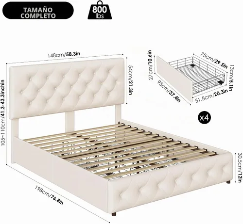 Vista 2 de Keyluv - Base de cama tapizada moderna con 4 cajones, diseño de cabecera con botones, soporte de listones de madera maciza, fácil montaje, tela