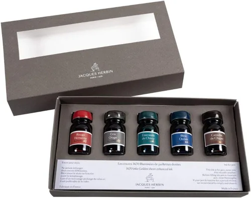 Vista 3 de Jacques Herbin - Ref 14000JT - Botellas de tinta de 0.3 fl oz para plumas estilográficas y bolígrafos Rollerball - Rouge Hématite, Gris Orage