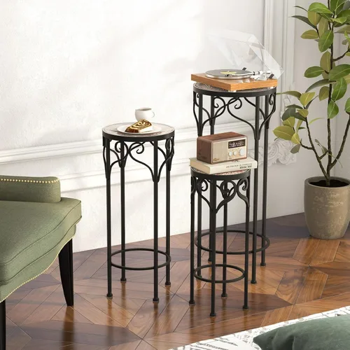 Vista 3 de Giantex Juego de 3 soportes de metal para plantas, de 28 pulgadas, soporte de flores alto de mosaico con parte superior de cerámica, mesa auxiliar