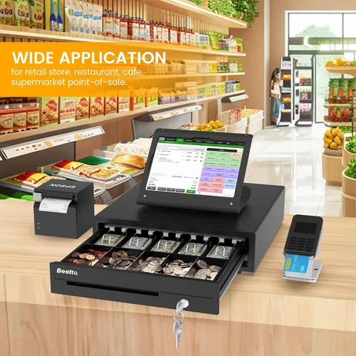 Vista 2 de Cajón de efectivo resistente de 16 pulgadas para sistema POS - Bandeja totalmente extraíble, 5 billetes/5 monedas con micro interruptor e