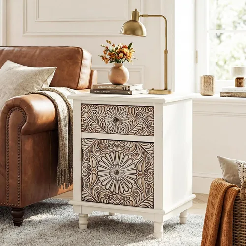Vista 3 de COSIEST - Cómoda de acento con 2 cajones, pequeño baúl de acento vintage con 4 patas de madera, mesa auxiliar independiente para bufé, mesita