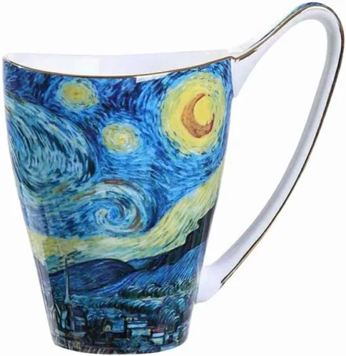 Vista 9 de Taza de café de porcelana de hueso YBK Tech, taza grande de 16oz de té - Diseño inspirado en las pinturas de Van Gogh (flor de albaricoque)