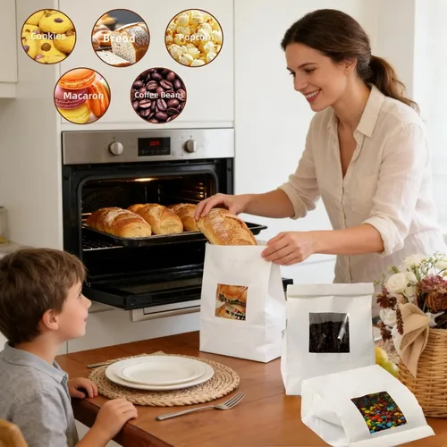 Vista 9 de AVLA Paquete de 100 bolsas de panadería con ventana, bolsa de galletas de 5.9 x 2.8 x 9.2 pulgadas, bolsas de papel kraft blanco, bolsas de bloqueo