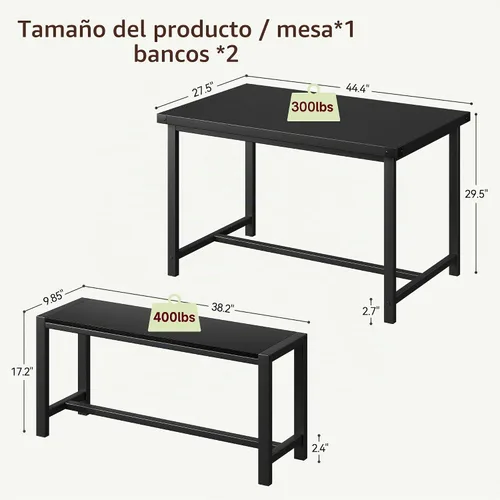 Vista 6 de Juego de mesa de comedor para 4 personas con 2 bancos, juego de mesa de cocina de 3 piezas, juego de comedor que ahorra espacio para cocina, Negro