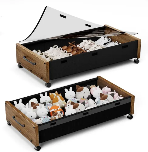 Vista 15 de Almacenamiento debajo de la cama con ruedas, 2 paquetes de contenedores de almacenamiento de madera extra grandes debajo de la cama, organizador