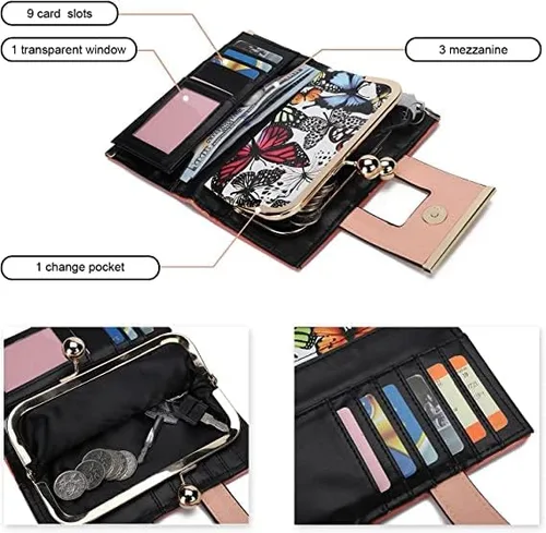Vista 5 de Cartera de cuero para mujer de gran capacidad, cartera larga de gran capacidad, con ranuras para 10 tarjetas y clips, y billetera cero con hebilla
