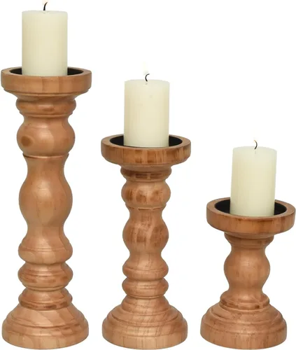 Vista 8 de SWALLOWLIVING Juego de 3 Portavelas de pilar de madera estilo rústico granjero para candelabro, Negro
