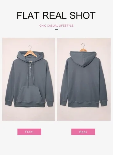 Vista 3 de Dokotoo - Sudadera para mujer 2025 con capucha, botones en el cuello y cordón, estilo sin botones, informal, de manga larga
