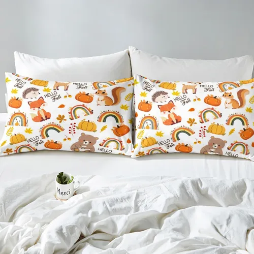 Vista 4 de Juego de funda de edredón de otoño, tamaño individual, diseño de hojas de calabaza, dibujos animados, arcoíris, zorro, oso, ciervo, para niños