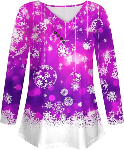 Vista 3 de FlekmanArt Camisas de manga larga con botones y cuello en V para mujer, con estampado de Navidad, sudaderas de otoño e invierno